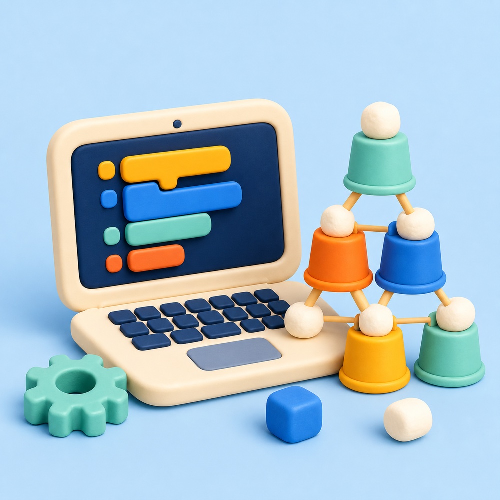 Illustrated coding laptop and STEM building challenge