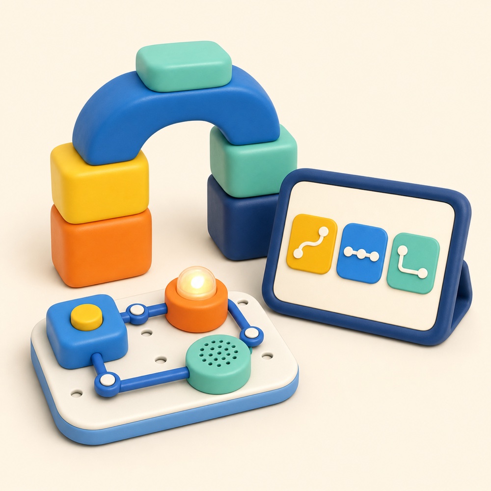 Illustrated building blocks, beginner circuit, and visual coding tablet