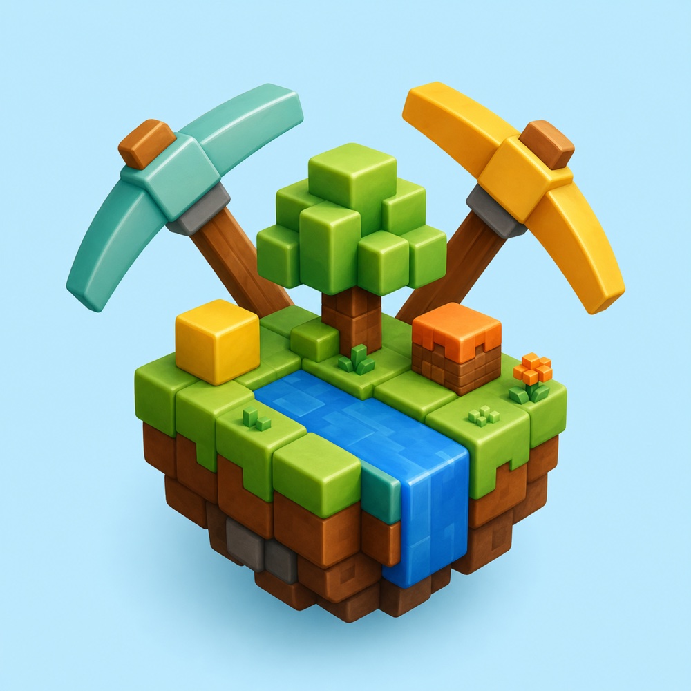 Illustrated floating voxel island with a tree and building tools