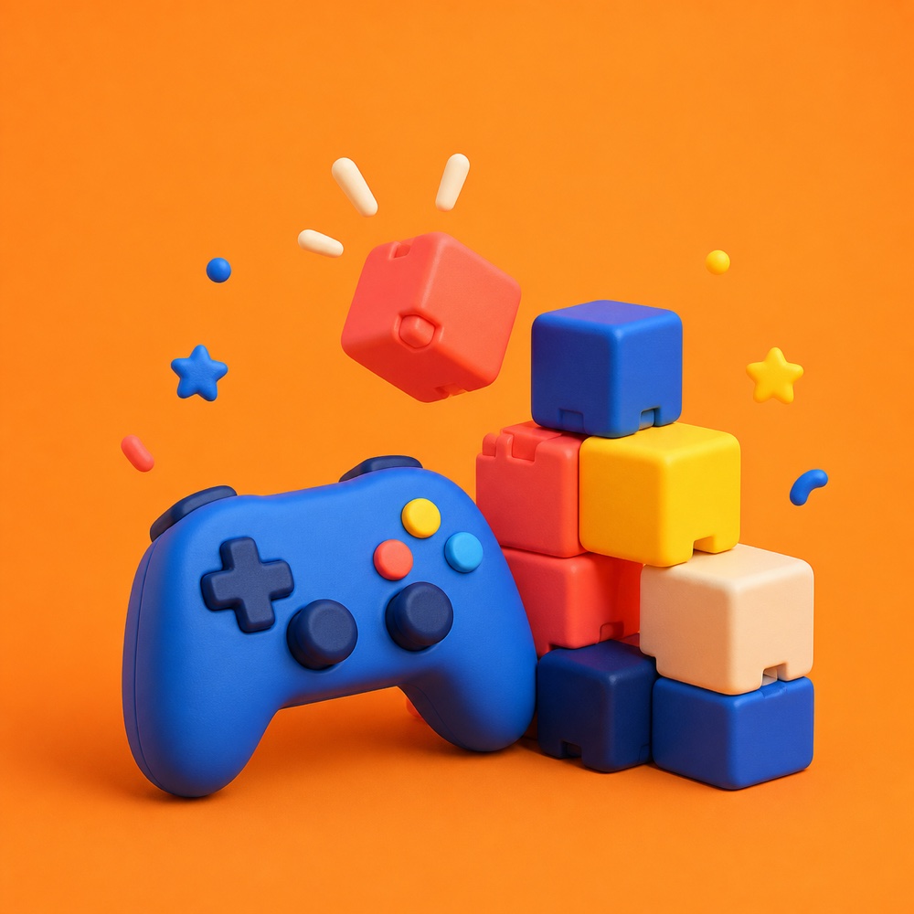 Illustrated game controller with colorful building blocks
