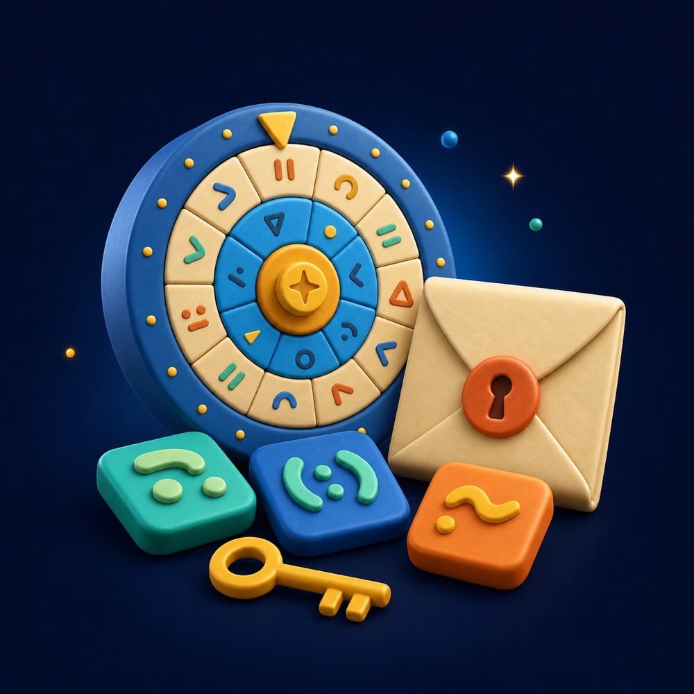 Illustrated cipher wheel, secret envelope, and code tiles