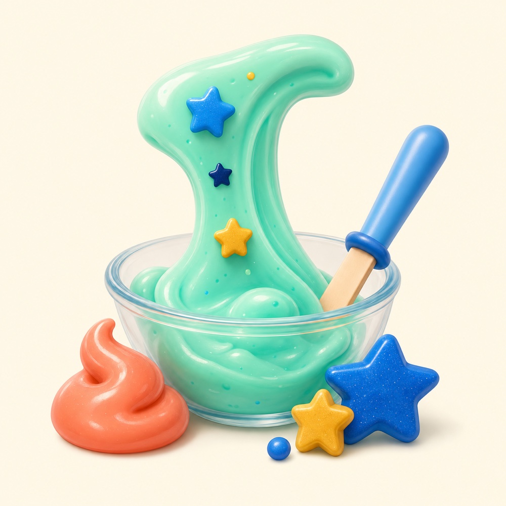 Illustrated colorful slime stretching from a mixing bowl
