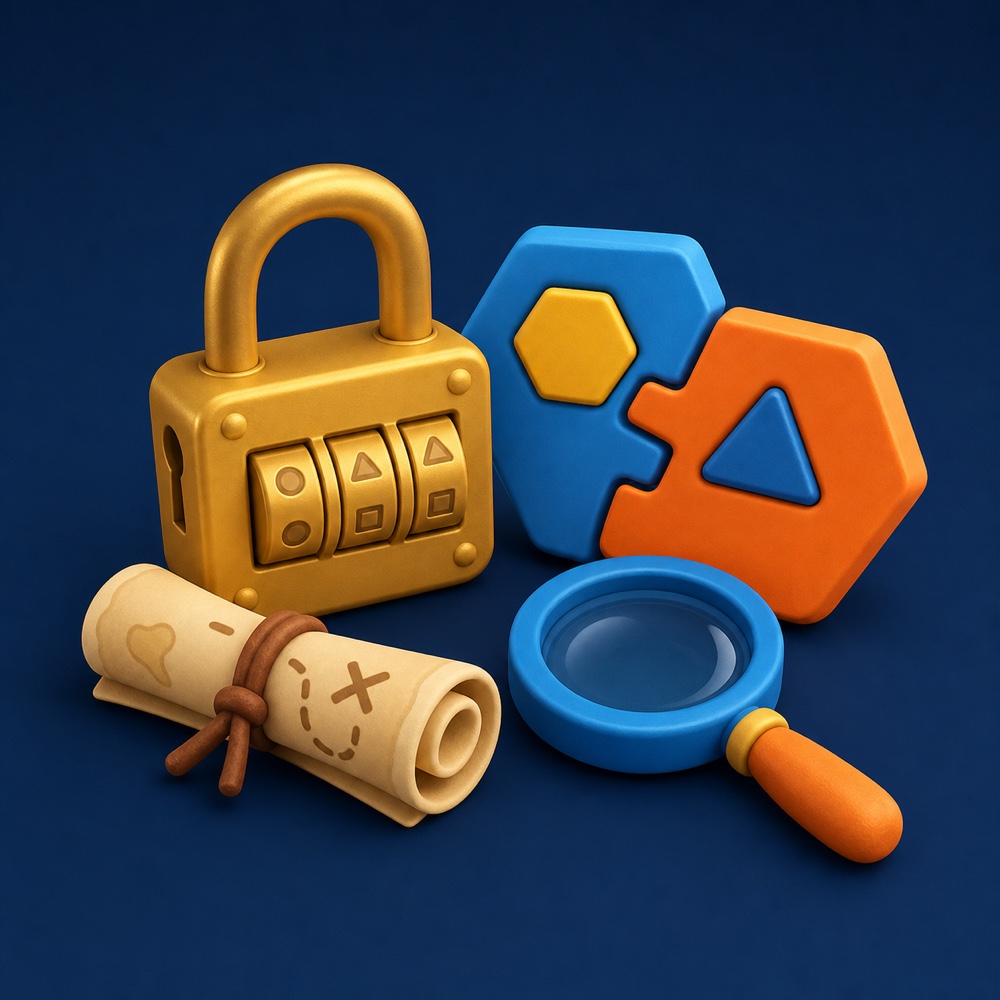 Illustrated lock, puzzle tiles, treasure map, and magnifying glass