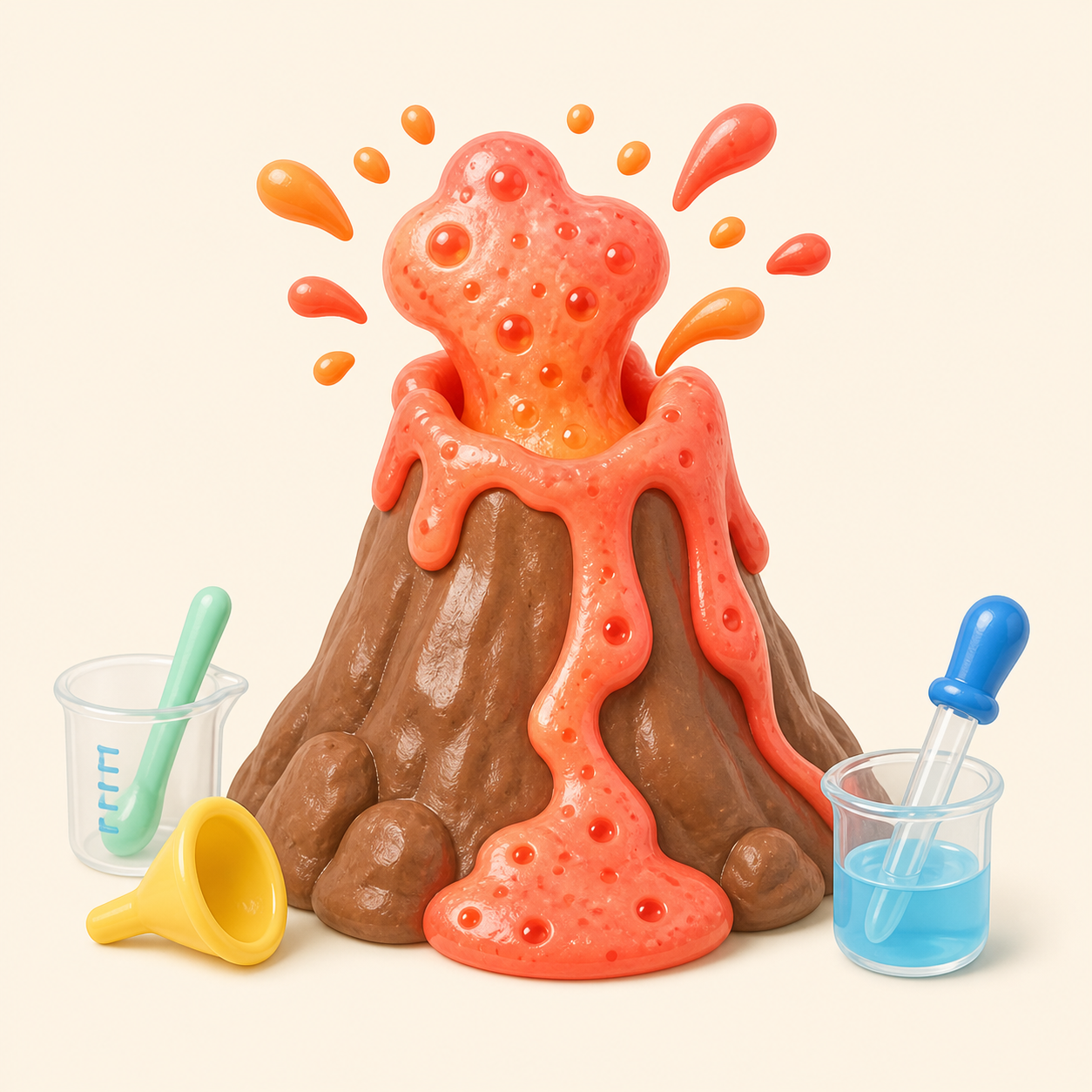 Illustrated model volcano erupting with colorful foam beside child-safe science tools