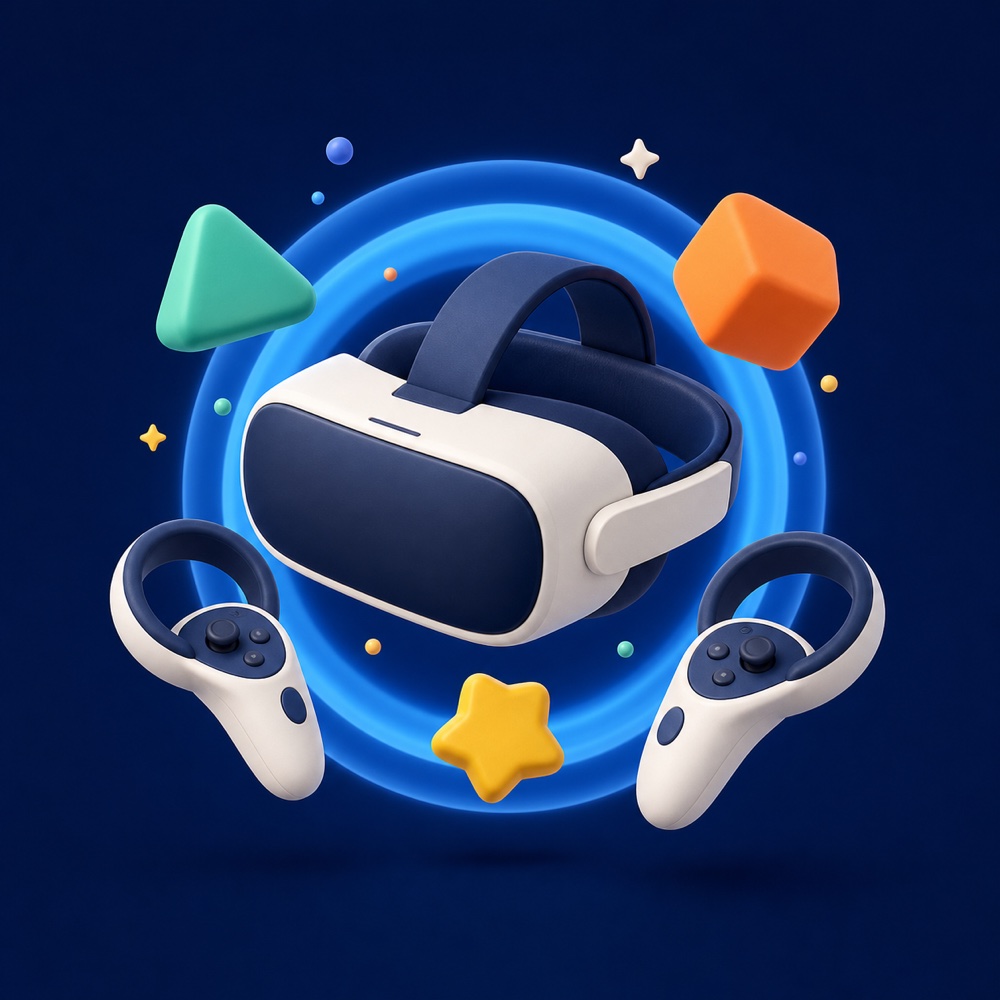 Illustrated virtual reality headset and controllers